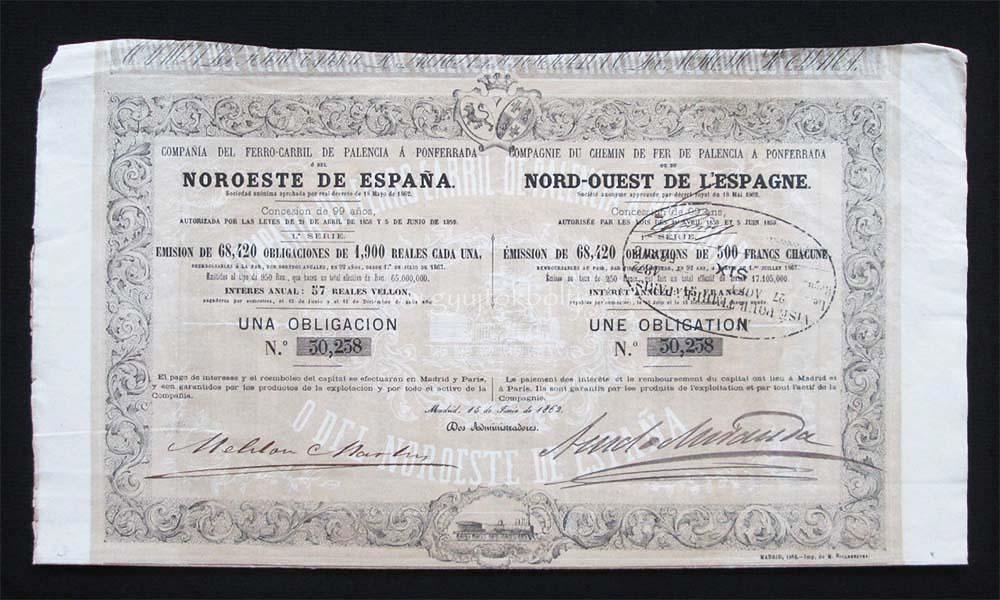 Spanyolorszg Palencia-Ponferrada Vast Trsasg ktvny 500 frank 1862 Madrid